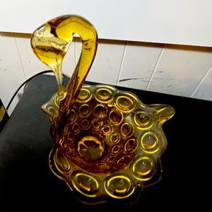 Preowned LE Smith Bulls Eye Honey Amber Glass Sean Candy Dish!
